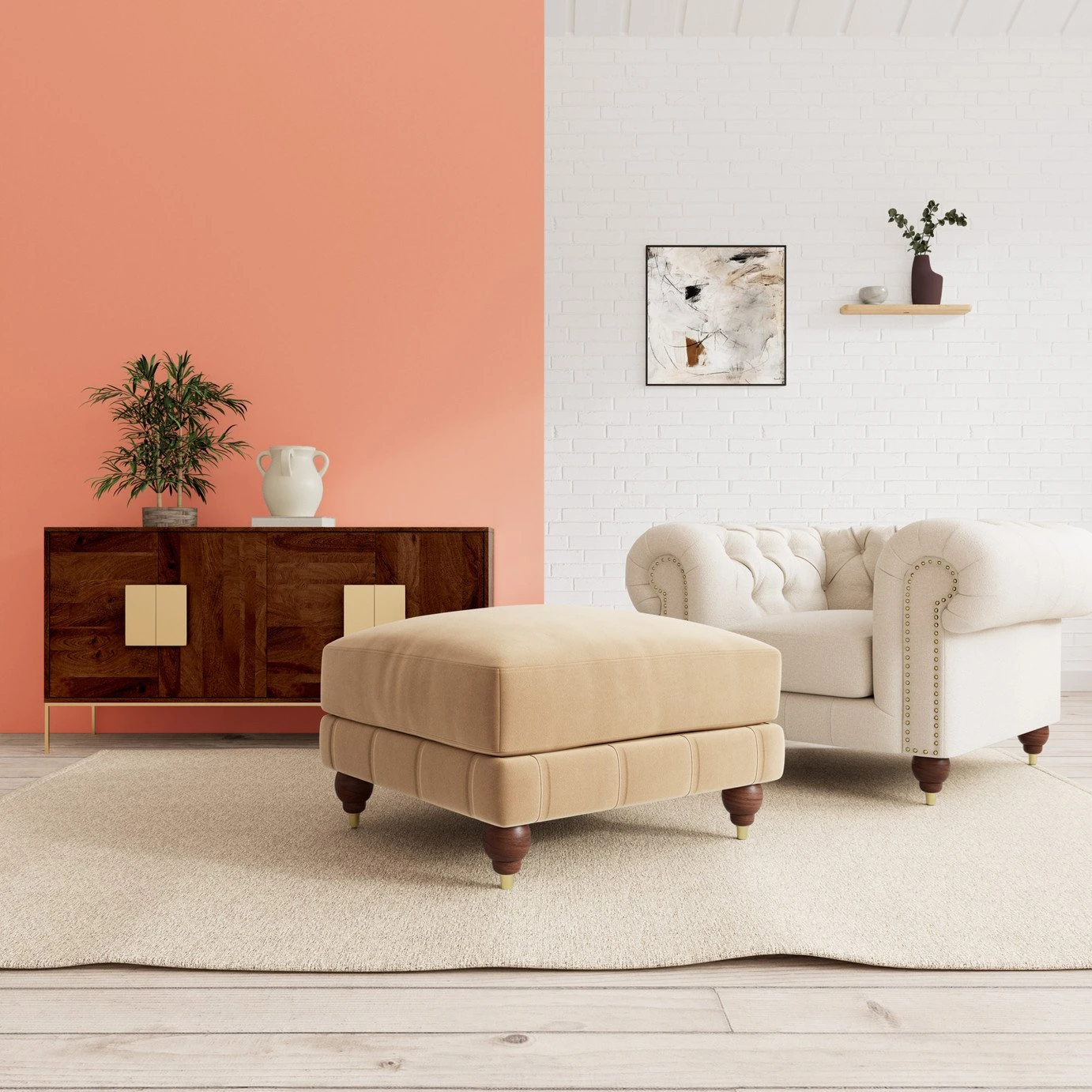 Swoon Winston Velvet Ottoman Footstool - Biscuit 4 Swoon Winston Velvet Ottoman Footstool - Biscuit - Image 2
