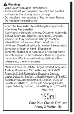 Habitat 150ml Scented Diffuser - Peony & White Lily -Home Sales Store 4845096 R Z011A