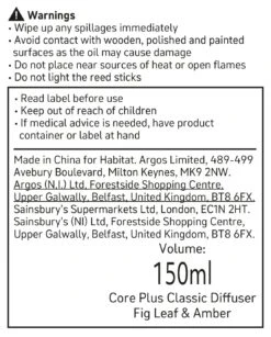 Habitat 150ml Scented Diffuser - Fig Leaf & Amber -Home Sales Store 6823944 R Z011A