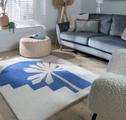 Habitat Arch Palm Wool Rug - Cream & Blue - 120x170cm -Home Sales Store 9516344 R Z001C